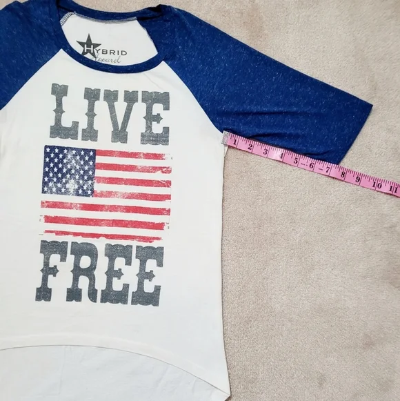 Hybrid Apparel Raglan 3/4 Sleeve T-shirt 100% Cotton LIVE FREE FLAG Women Size S - Picture 7 of 9